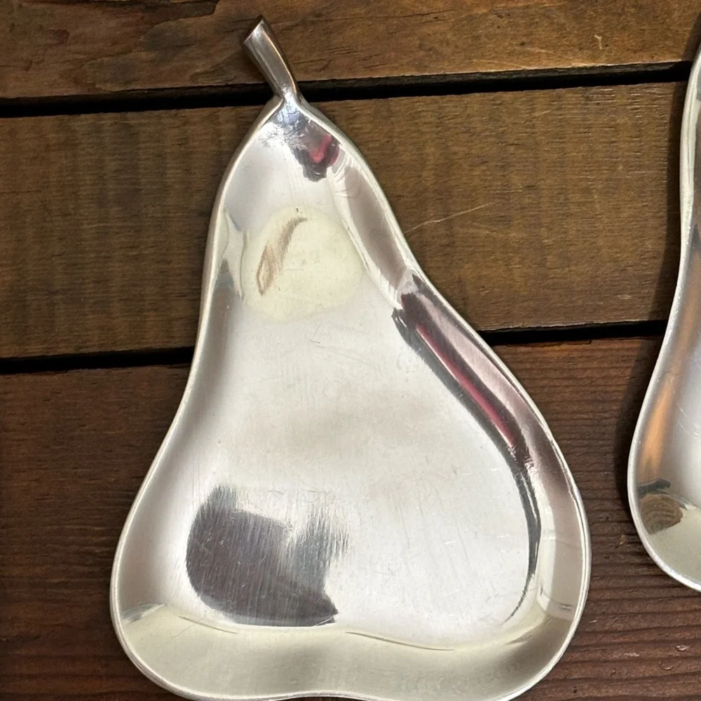 Crate & Barrel Pear Snack Trays, set of 2. Silver Pewter metal.